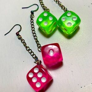 Neon dice earrings with rainbow chains & hooks
